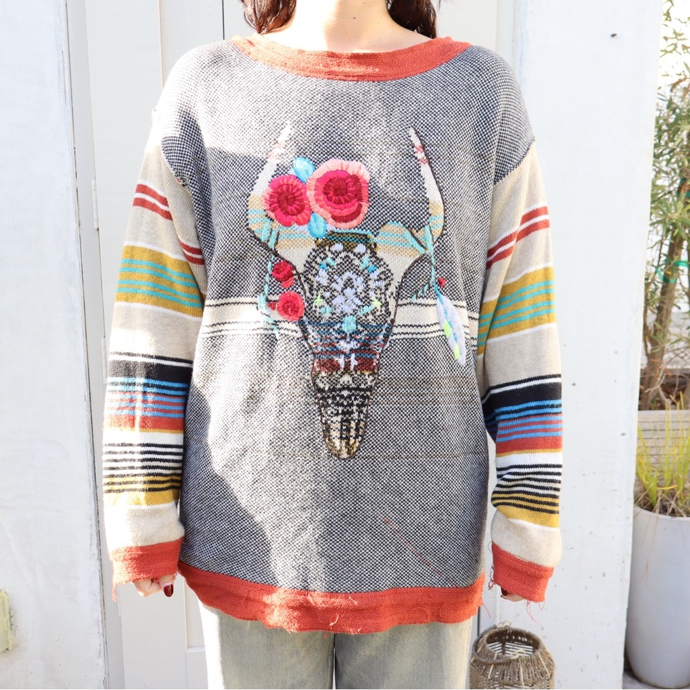 Free People Colorful Striped Crew Neck Sweater